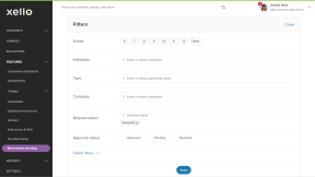 Filters modal. Filter options include grade, institution, type, company, request status, and approval status